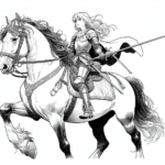 Coloring page of a Clydesdale girl riding a horse, medieval knightess posing proudly with her horse