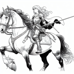 Coloring page of a Clydesdale girl riding a horse, medieval knightess posing proudly with her horse