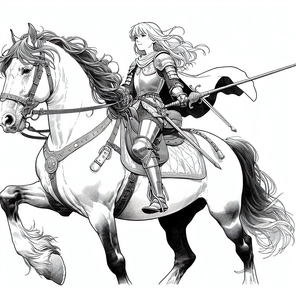 Coloring page of a Clydesdale girl riding a horse, medieval knightess posing proudly with her horse