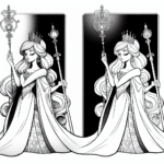 Coloring page of a enchanted princess, brave heroine holding a scepter