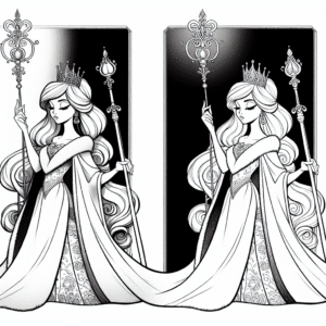 Coloring page of a enchanted princess, brave heroine holding a scepter