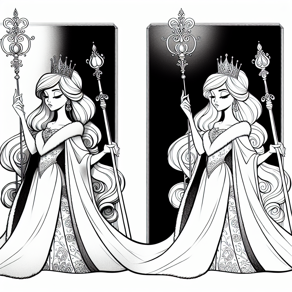 Coloring page of a enchanted princess, brave heroine holding a scepter