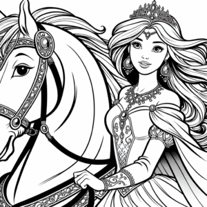 Coloring page of a fairy-tale heroine, brave heroine riding a white horse