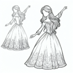 Coloring page of a fairy-tale heroine, noble protector dancing at a ball