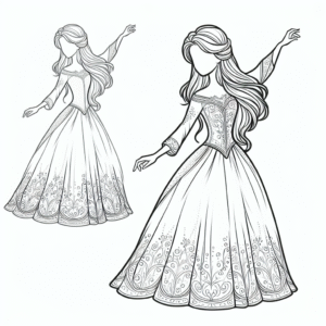 Coloring page of a fairy-tale heroine, noble protector dancing at a ball