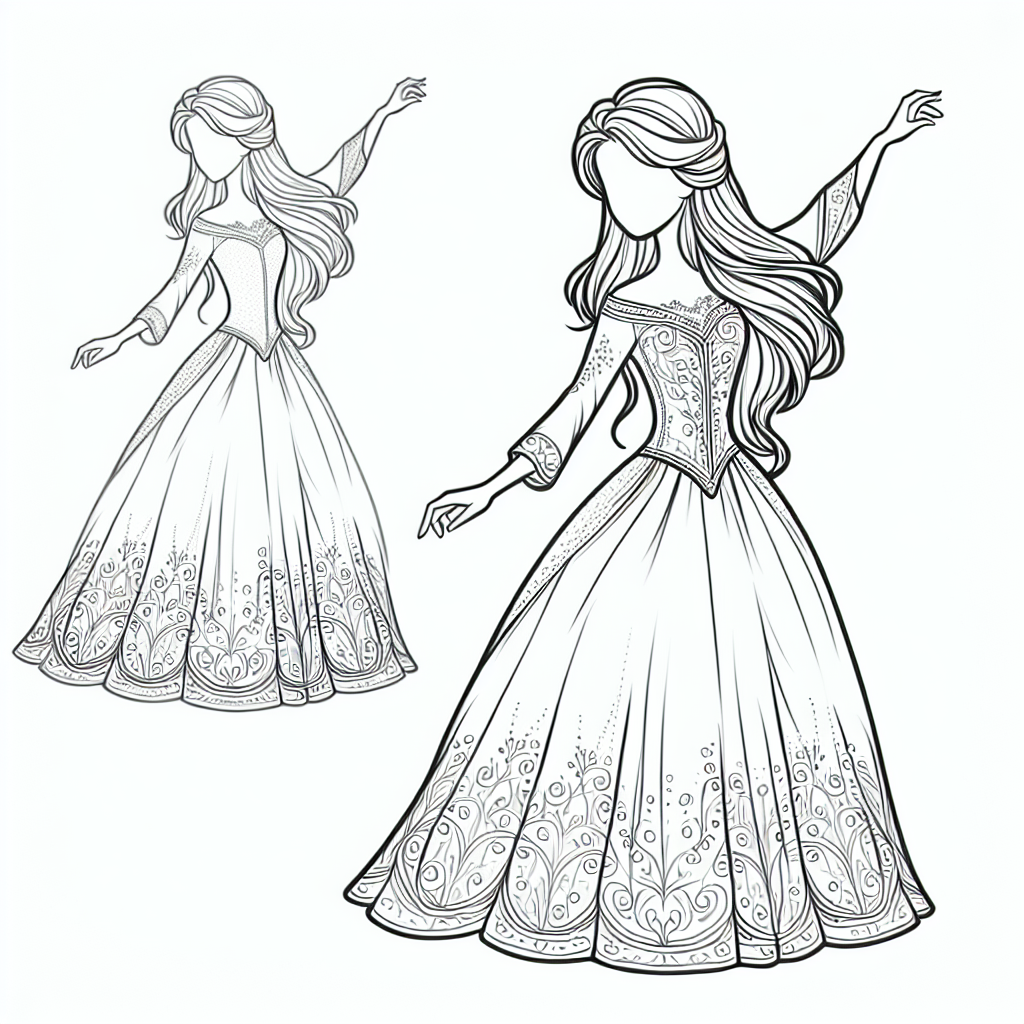 Coloring page of a fairy-tale heroine, noble protector dancing at a ball