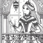 Coloring page of a fairy-tale heroine, noble protector standing on a balcony