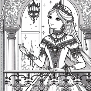 Coloring page of a fairy-tale heroine, noble protector standing on a balcony
