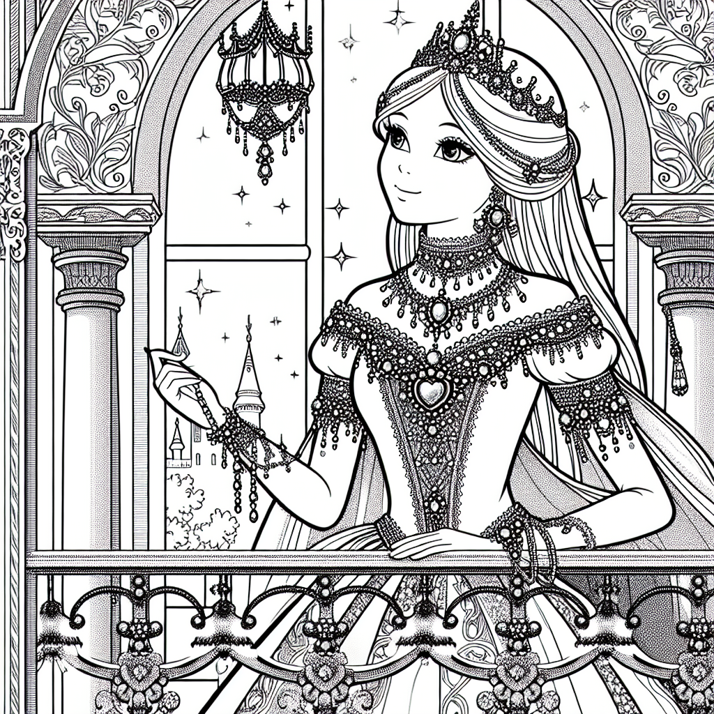 Coloring page of a fairy-tale heroine, noble protector standing on a balcony