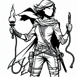 Coloring page of a fearless heroine, desert nomad holding a torch in the dark