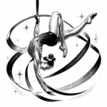 Coloring page of a female gymnast, aerial silk performer doing a flip