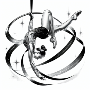 Coloring page of a female gymnast, aerial silk performer doing a flip
