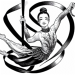 Coloring page of a female gymnast, aerial silk performer twirling a ribbon