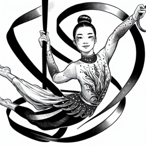 Coloring page of a female gymnast, aerial silk performer twirling a ribbon