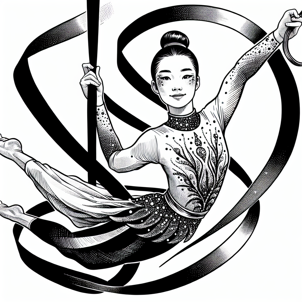 Coloring page of a female gymnast, aerial silk performer twirling a ribbon