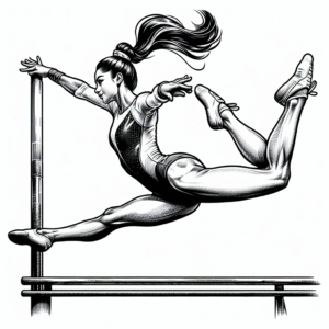 Coloring page of a female gymnast, rhythmic gymnast leaping off a vault
