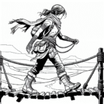 Coloring page of a female warrior traveler, desert nomad crossing a rope bridge