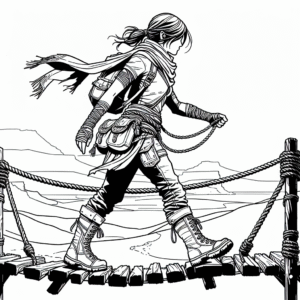 Coloring page of a female warrior traveler, desert nomad crossing a rope bridge
