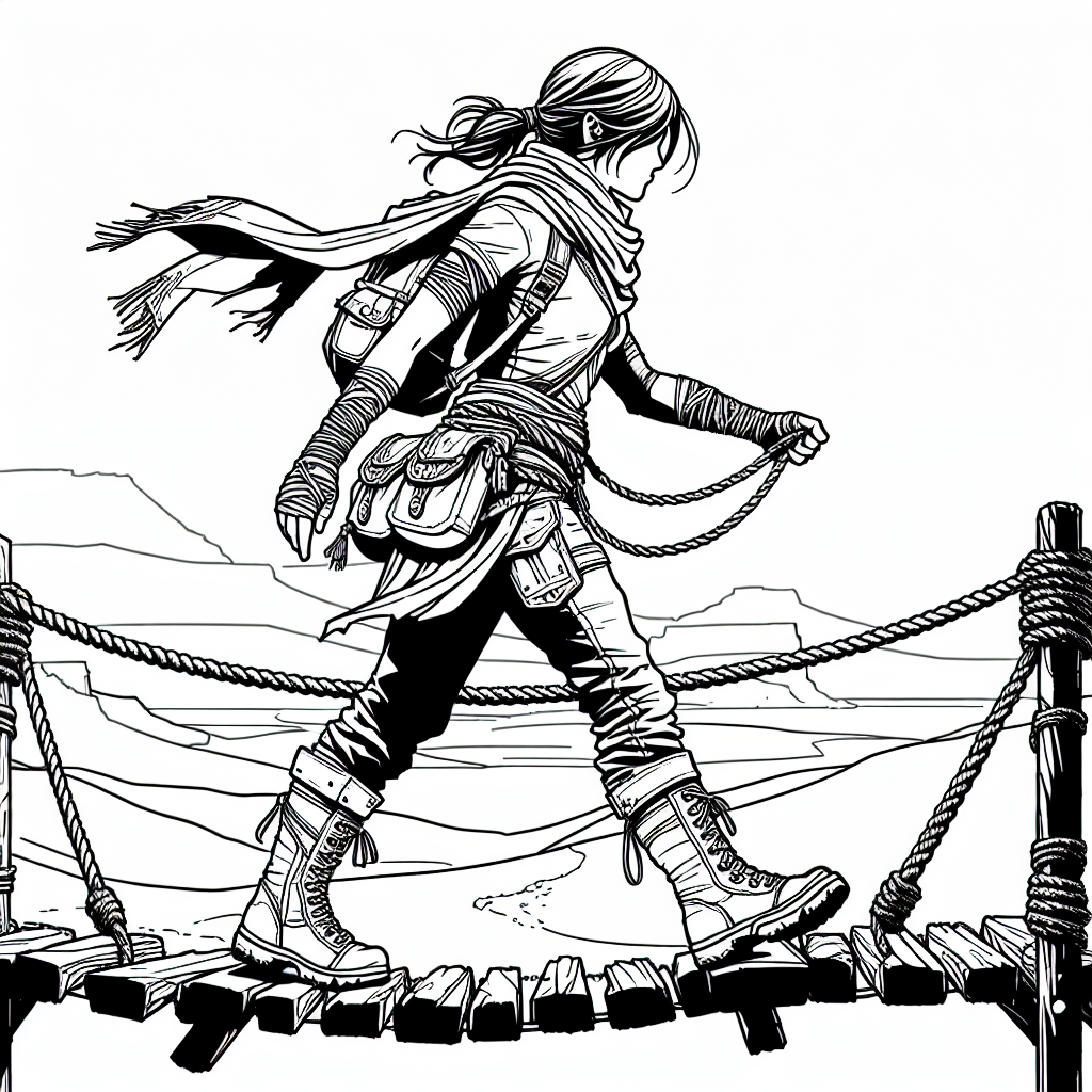 Page de coloriage d'une guerrière voyageuse, nomade du désert traversant un pont de corde
