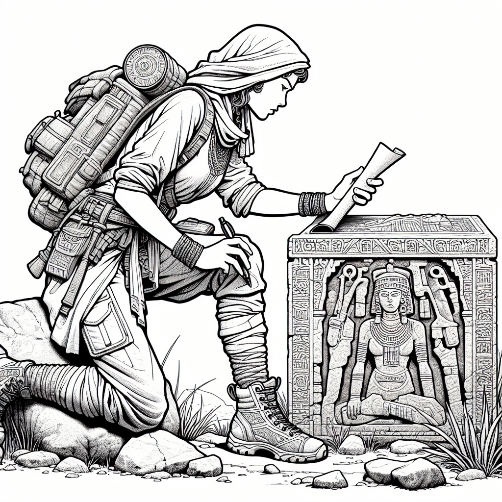 Coloring page of a female warrior traveler, jungle explorer examining ancient carvings