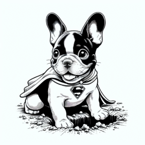 Coloring page of a French Bulldog dog, curious explorer digging a hole