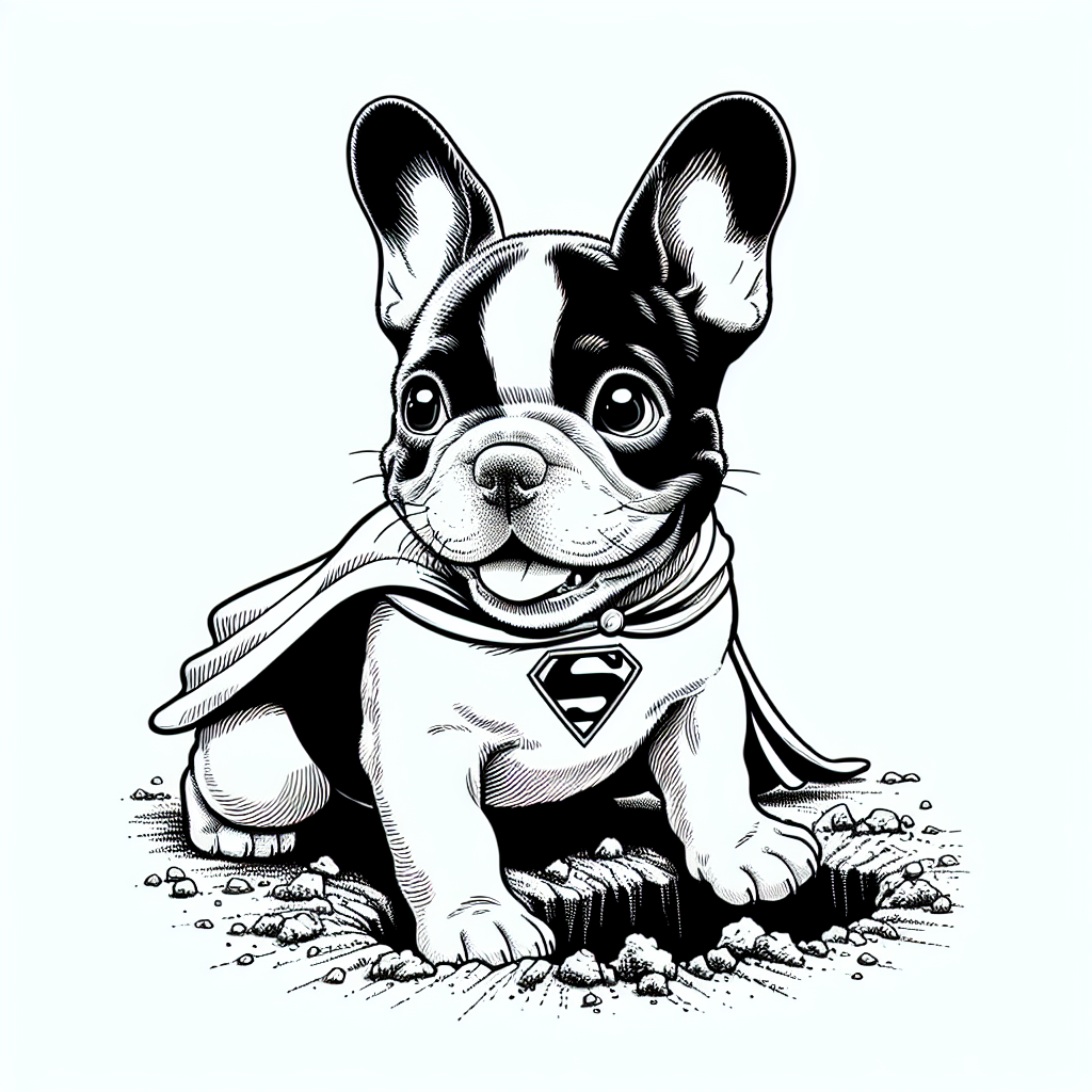 Coloring page of a French Bulldog dog, curious explorer digging a hole