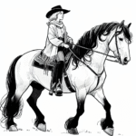 Coloring page of a Friesian horse girl riding a horse, cowgirl posing proudly with her horse