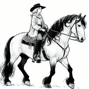 Coloring page of a Friesian horse girl riding a horse, cowgirl posing proudly with her horse