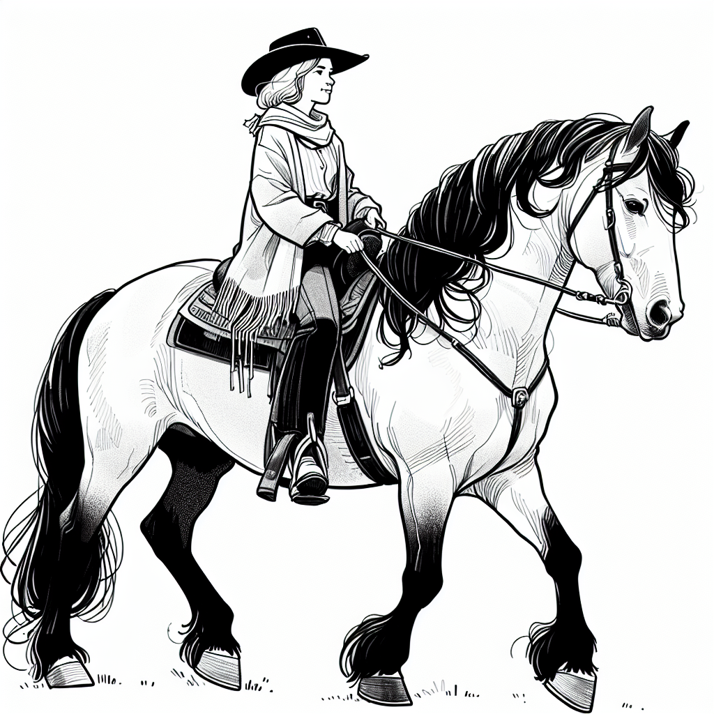 Coloring page of a Friesian horse girl riding a horse, cowgirl posing proudly with her horse