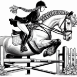 Coloring page of a Friesian horse girl riding a horse, equestrian athlete jumping over a fence