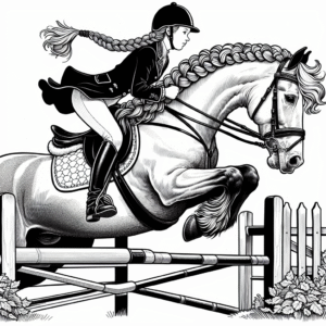 Coloring page of a Friesian horse girl riding a horse, equestrian athlete jumping over a fence