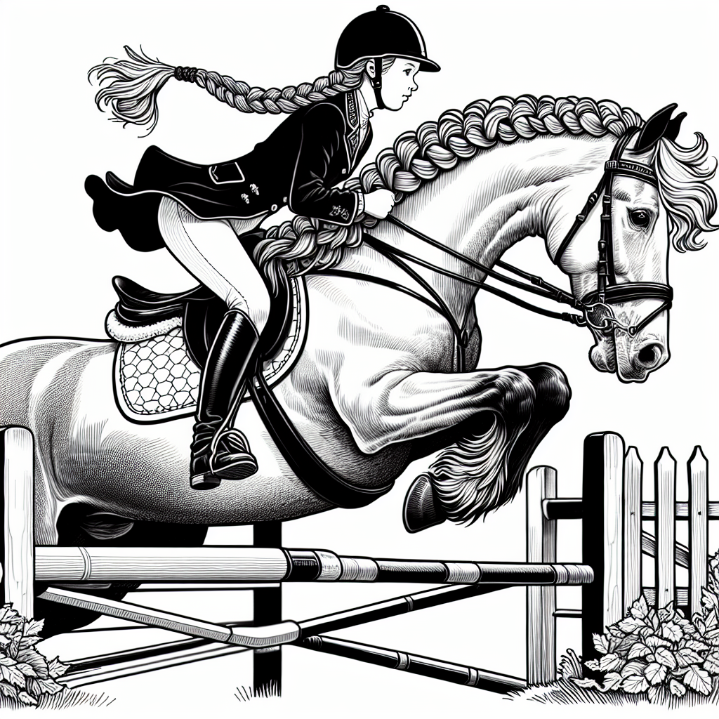 Coloring page of a Friesian horse girl riding a horse, equestrian athlete jumping over a fence