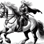 Coloring page of a Friesian horse young woman on horseback, equestrian athlete riding at sunset