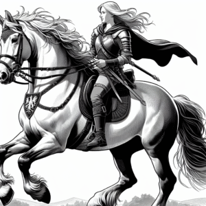 Coloring page of a Friesian horse young woman on horseback, equestrian athlete riding at sunset