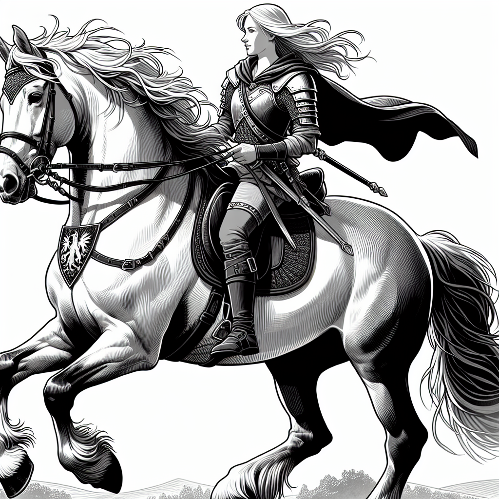 Coloring page of a Friesian horse young woman on horseback, equestrian athlete riding at sunset