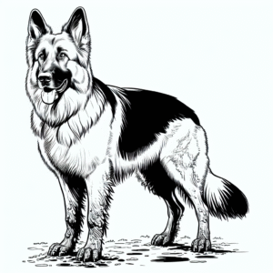 Coloring page of a German Shepherd dog, brave protector posing for a photo