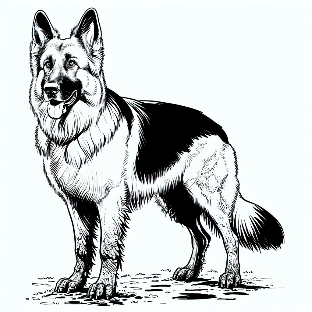 Coloring page of a German Shepherd dog, brave protector posing for a photo