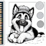 Coloring page of a German Shepherd dog, energetic pup playing with a ball