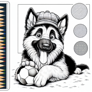 Coloring page of a German Shepherd dog, energetic pup playing with a ball