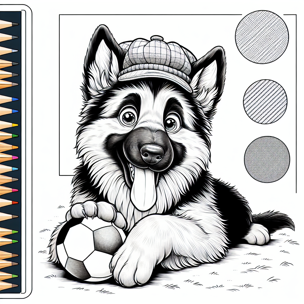 Coloring page of a German Shepherd dog, energetic pup playing with a ball