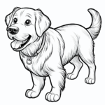 Coloring page of a Golden Retriever dog, curious explorer jumping in excitement