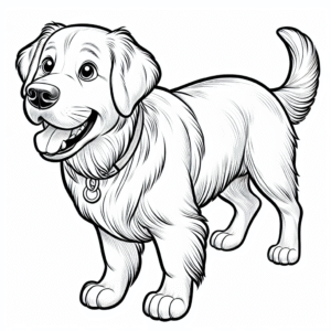 Coloring page of a Golden Retriever dog, curious explorer jumping in excitement