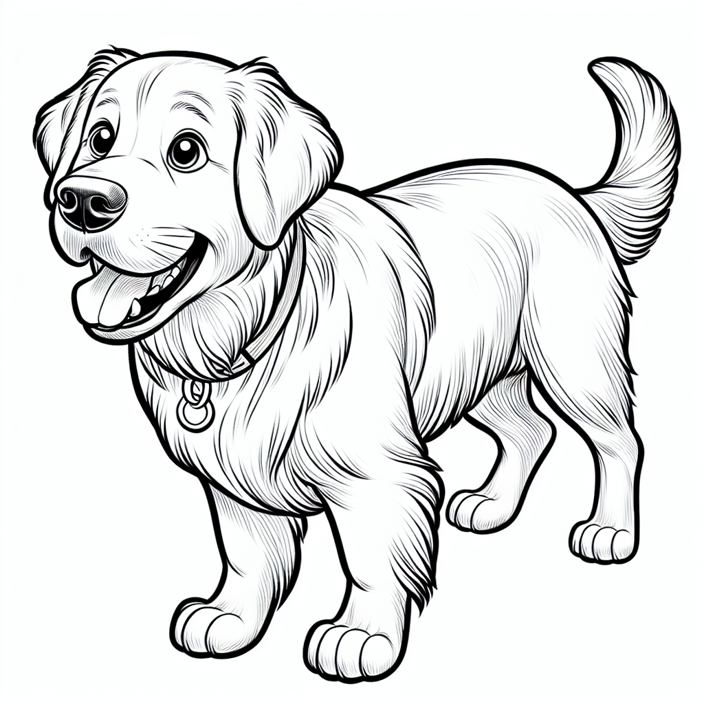 Coloring page of a Golden Retriever dog, curious explorer jumping in excitement