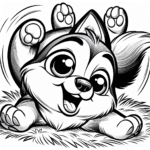 Page à colorier d’un chien Husky, explorateur curieux roulant sur l’herbe