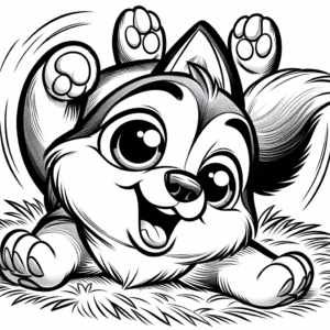Coloring page of a Husky dog, curious explorer rolling on the grass