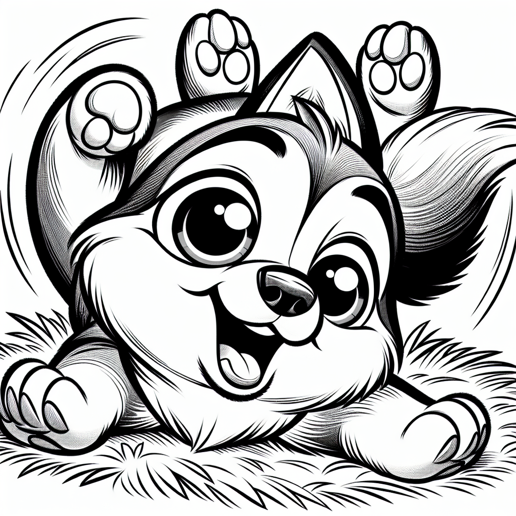 Coloring page of a Husky dog, curious explorer rolling on the grass
