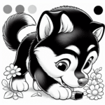 Coloring page of a Husky dog, energetic pup sniffing flowers