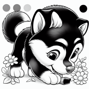 Coloring page of a Husky dog, energetic pup sniffing flowers