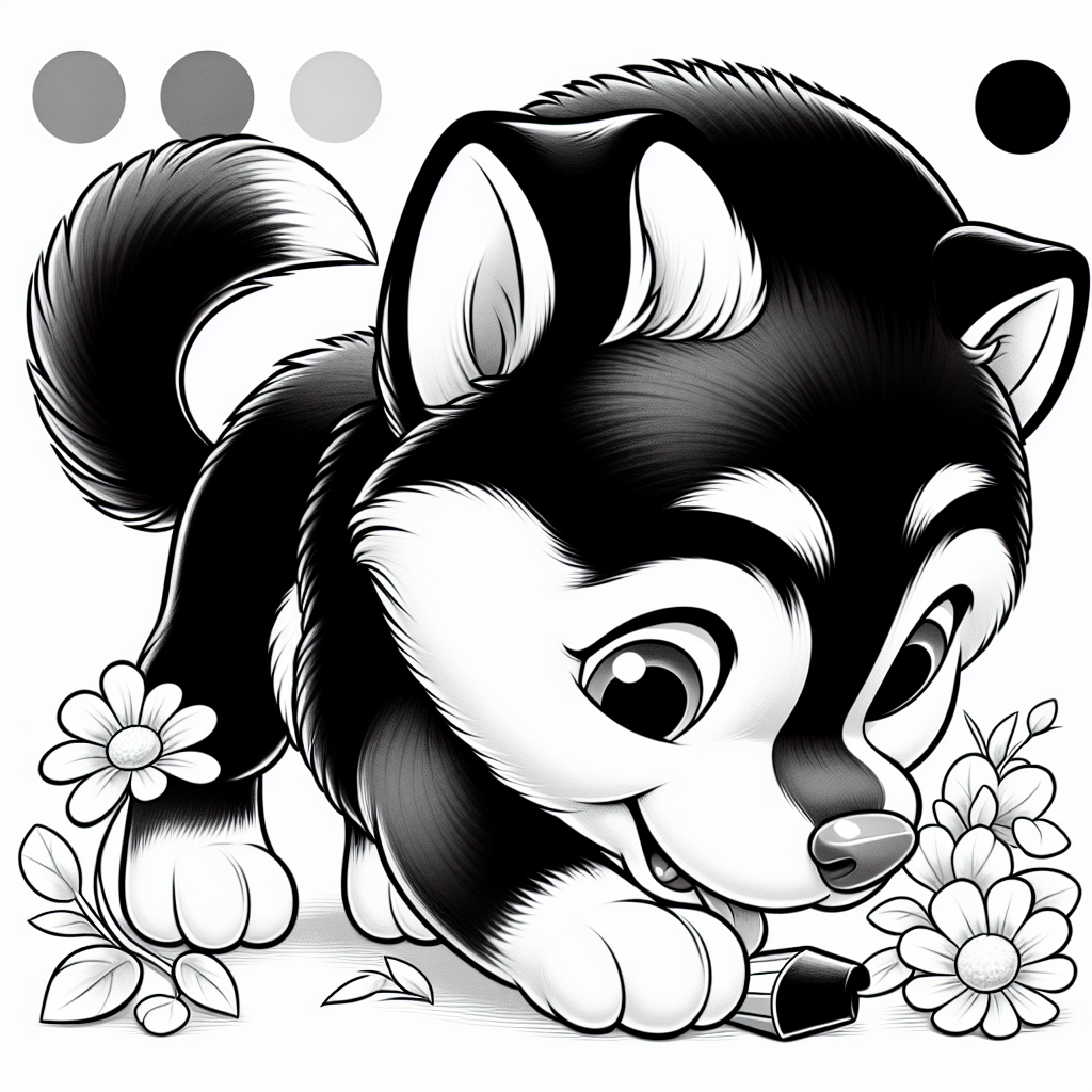 Coloring page of a Husky dog, energetic pup sniffing flowers