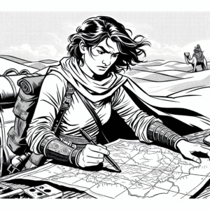 Coloring page of a intrepid female traveler, heroic traveler drawing a map